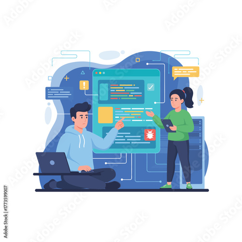 Two software developers collaborating on a user interface design project.