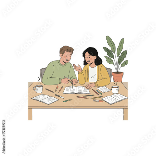 Two students collaborating on a project at a table.