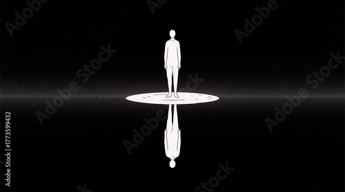 A minimalist black-and-white silhouette of a person standing on a reflective surface, with their inverted reflection belowa stark, symmetrical scene evoking introspection or duality against an infinit