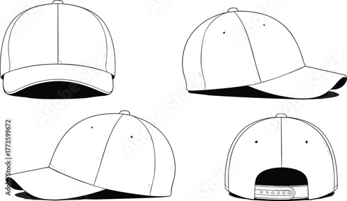 Baseball cap front view, side view, rear view, adjustable snapback hat, fashion accessory, casual headwear, unisex sports cap design