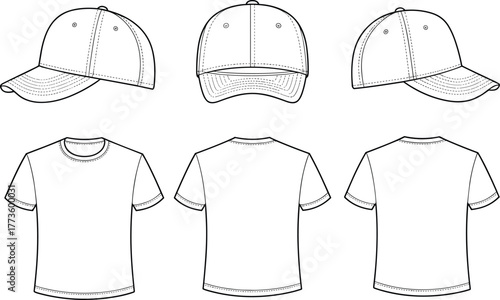 Baseball cap illustration, t-shirt technical drawing, apparel design blueprint, clothing mockup, garment flat sketch, fashion vector template, stitching detail, production guide