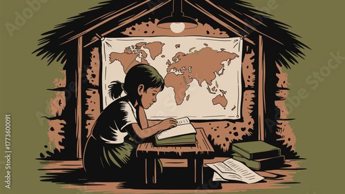 A girl studies in a hut with a world map hanging behind her and books on the table and floor around her