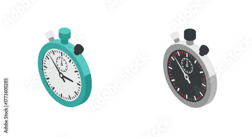 Isometric stopwatch icons in teal and gray with white background