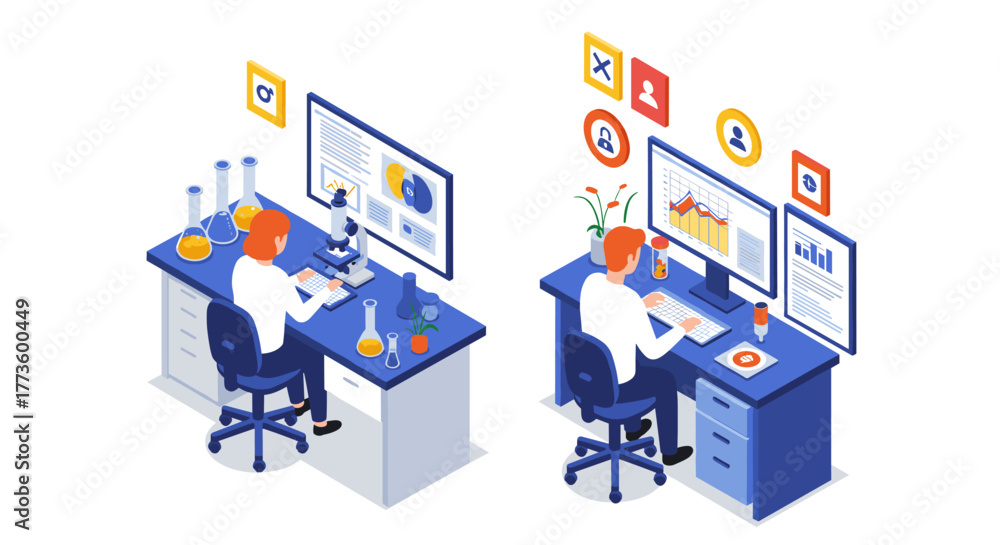 Obraz premium Isometric office workers analyzing data on dual computer setups with lab equipment