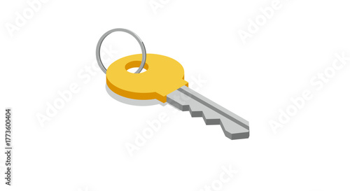 Isometric key design with yellow round head on white background