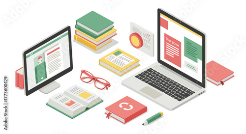 Modern isometric workspace with laptop, tablets, and books for creative design inspiration
