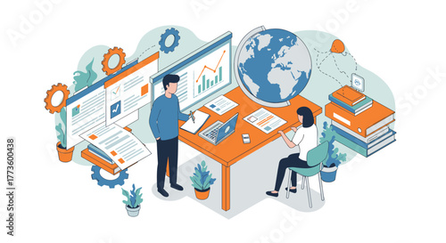 Global business analysis in modern workspace with technology and data