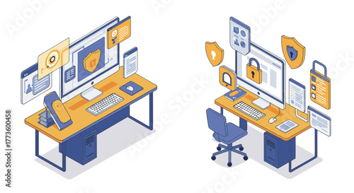 Cybersecurity office desk setup in isometric view with digital protection elements