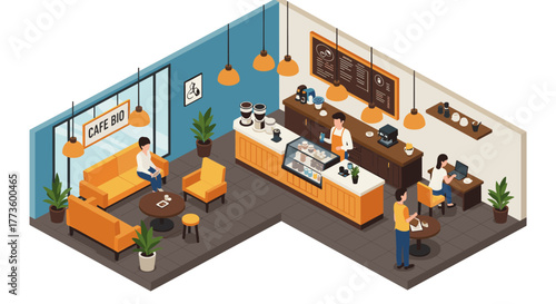 Cozy isometric coffee shop interior with customers and baristas