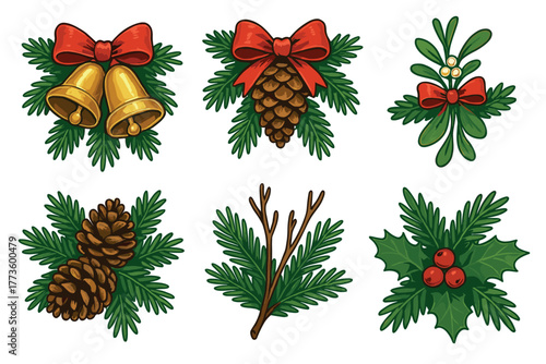 Holiday decorations with bells, pinecones, and mistletoe designs. Set of 6 Christmas vector illustration