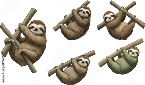 Cute sloth illustrations hanging on tree branches, adorable cartoon sloths collection, funny lazy animal clipart, wildlife drawing, tropical jungle art