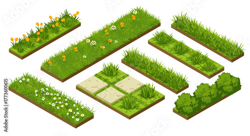 Isometric garden tiles with grass and flowers for game design