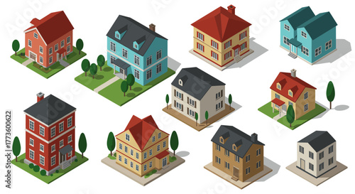 Isometric residential houses set: charming homes collection in various styles and colors