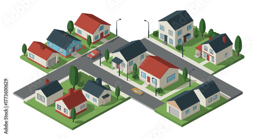 Isometric suburban neighborhood with colorful houses and streets