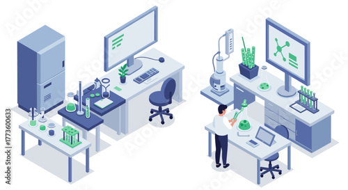 Modern laboratory workspace with scientist conducting research in isometric style