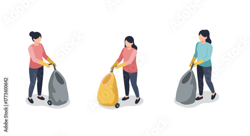 Isometric people cleaning with trash bags: environmental conservation concept
