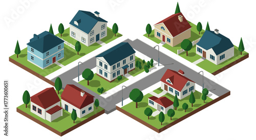 Isometric suburban neighborhood with houses and trees on crossroads