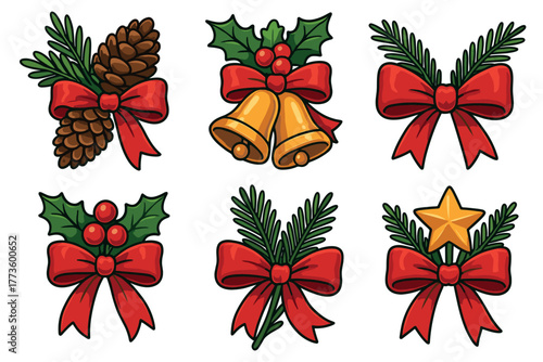 Winter holiday decor with bells, pinecones, and ribbons. Set of 6 Christmas vector illustration