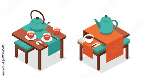 Isometric tea time: teapots and cups on vibrant tables