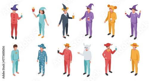 Colorful characters in festive costumes enjoying drinks in isometric style