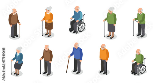 Isometric elderly characters set with walking aids and wheelchairs