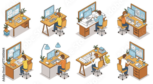 Isometric office workspace designs with professionals at desks and computers
