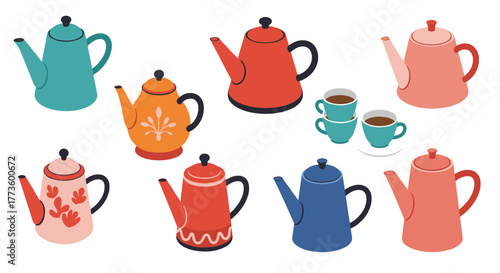 Charming isometric tea set collection with colorful teapots and cups