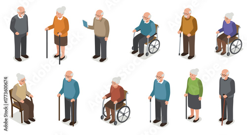 Isometric elderly people characters with walking sticks and wheelchairs on white background