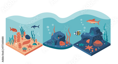 Colorful ocean life in isometric aquarium panels with marine animals and coral reefs