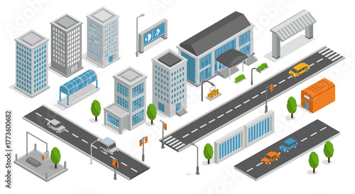 Isometric cityscape with modern buildings, roads, and vehicles