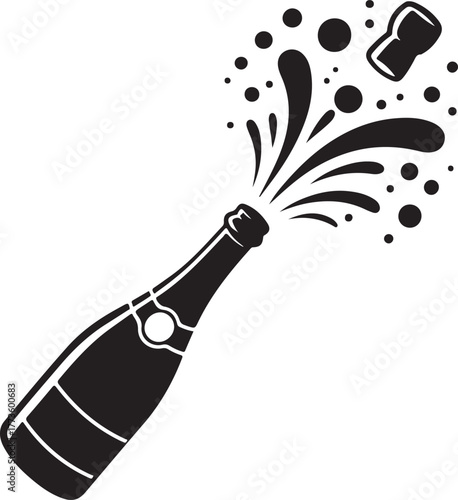 Champagne bottle popping cork with splash and bubbles celebration