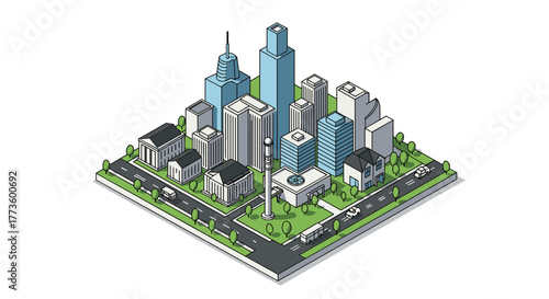 Isometric cityscape with modern architecture and urban streets in 3d design