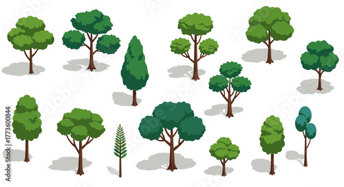 Diverse collection of isometric trees with shadows in flat design