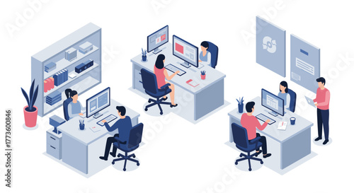 Modern isometric office workspace with diverse team of professionals collaborating