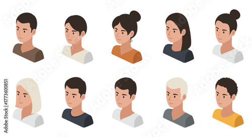 Isometric diverse avatar collection with various hairstyles and colors