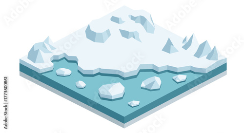 Minimalist isometric arctic landscape with icebergs and snowy mountains