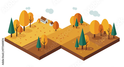 Isometric autumn landscape with colorful trees and a cozy house