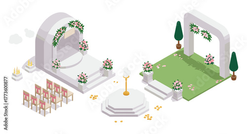 Elegant isometric wedding ceremony setup with altar and floral decor