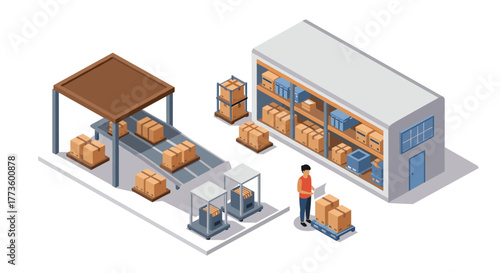 Modern isometric warehouse design with automated conveyor and storage
