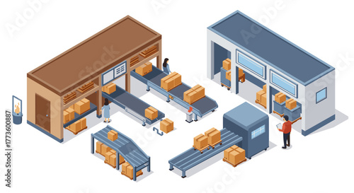 Isometric conveyor system in modern warehouse with workers and boxes