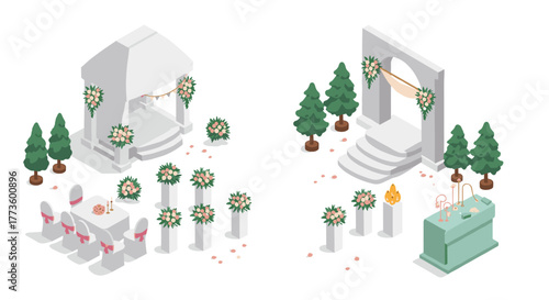 Isometric outdoor wedding ceremony setup with floral decorations and altar