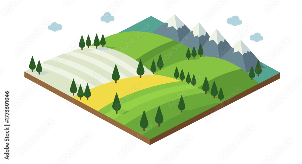 Obraz premium Isometric landscape featuring mountains, fields, and forest in flat design