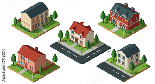 Charming isometric houses on grass patches with trees and streets