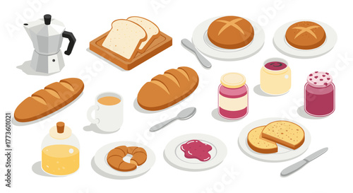 Isometric breakfast set with bread, coffee, and jams on white background