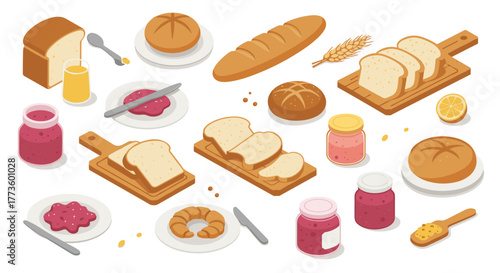 Isometric bread and jam breakfast set with slices and jars on a white background