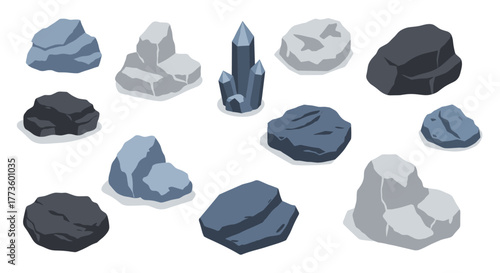 Collection of geometric rock shapes and crystals in flat design