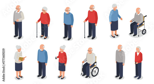 Isometric elderly characters engaging in everyday activities and interactions
