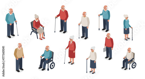 Isometric elderly people using walking aids and wheelchairs