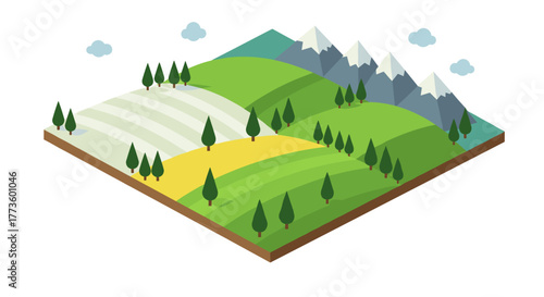 Isometric landscape featuring mountains, fields, and forest in flat design