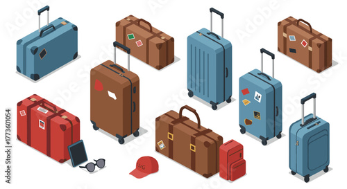 Isometric luggage collection with travel accessories and suitcases
